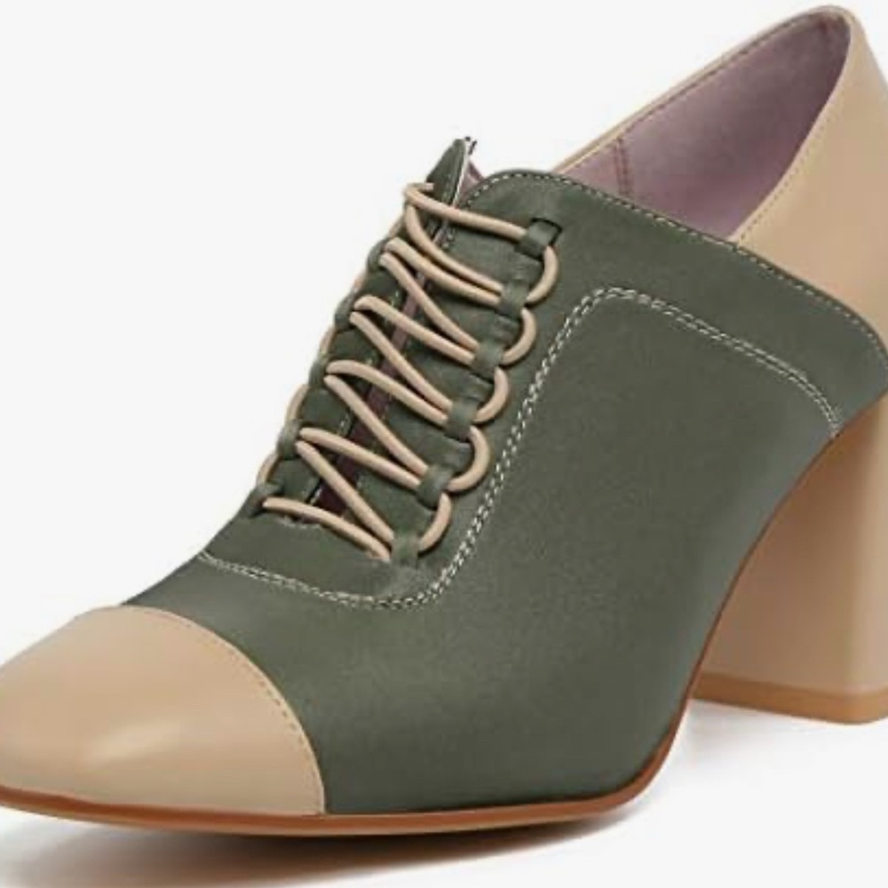 Green and Tan Chunky Heel Lace-Up Shoes